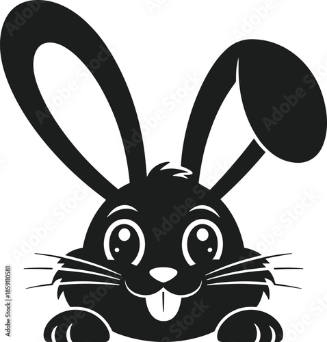 Black silhouette of a cute bunny face with long ears and tongue sticking out rabbit animal