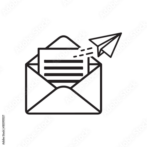 open envelope with letter and paper airplane flying out representing sending communication fast delivery concept outline icon vector illustration