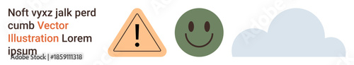 Safety alerts, emotions, weather forecast, environmental awareness, simplicity, icons. A triangle warning sign, green smiling face light blue cloud. Safety alerts and emotions visually