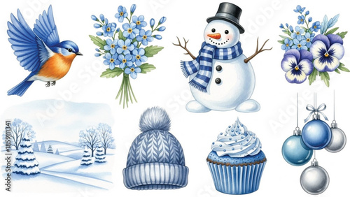 Watercolor Winter Illustrations Set with Snowman, Blue Bird, Flowers, Cupcake, Baubles, Hat and Snowy Landscape