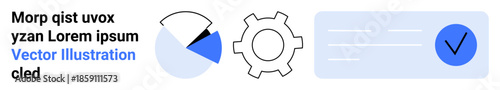 Pie chart with segmented data, gear symbolizing settings or process, and a blue checkmark on a form for validation. Ideal for analytics, workflow, approval, automation, configuration, data insights