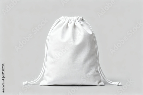 White drawstring bag on gray background