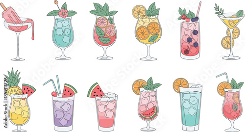 Colorful hand drawn summer cocktail and fruit drink set illustration with refreshing beverages glasses in flat cartoon style isolated