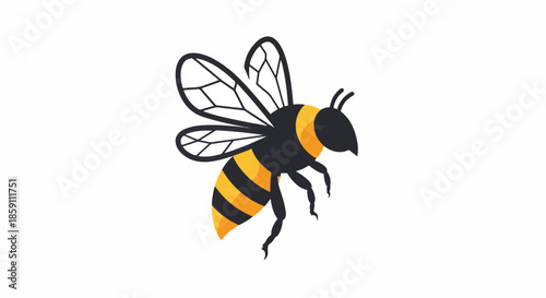 A stylized illustration of a bee in flight with black and yellow stripes.