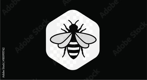 Bee emblem on a white hexagon shape against black background.