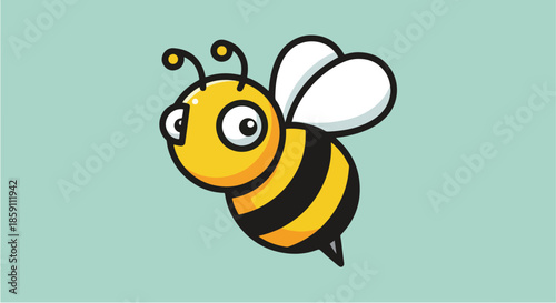 Cartoon bee illustration with yellow and black stripes flying in the air.