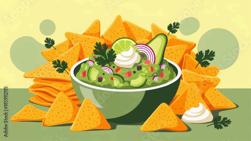 Flat vector illustration of guacamole in a bowl with tortilla chips and cilantro in the background