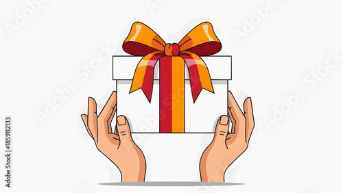 Flat vector illustration of hands lifting a gift box tied with a bright ribbon