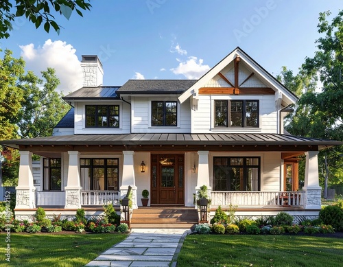 wood white craftsman house, home, ranch, stone cozy, deck, porch, roof, siding, sky, grass, farm, country