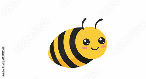 Cute cartoon bee with black stripes and happy expression on white background.