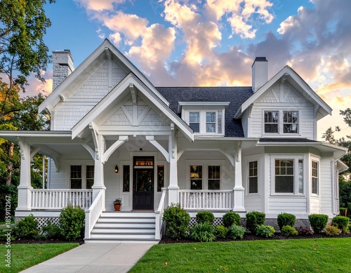 wood white craftsman house, home, ranch, stone cozy, deck, porch, roof, siding, sky, grass, farm, country
