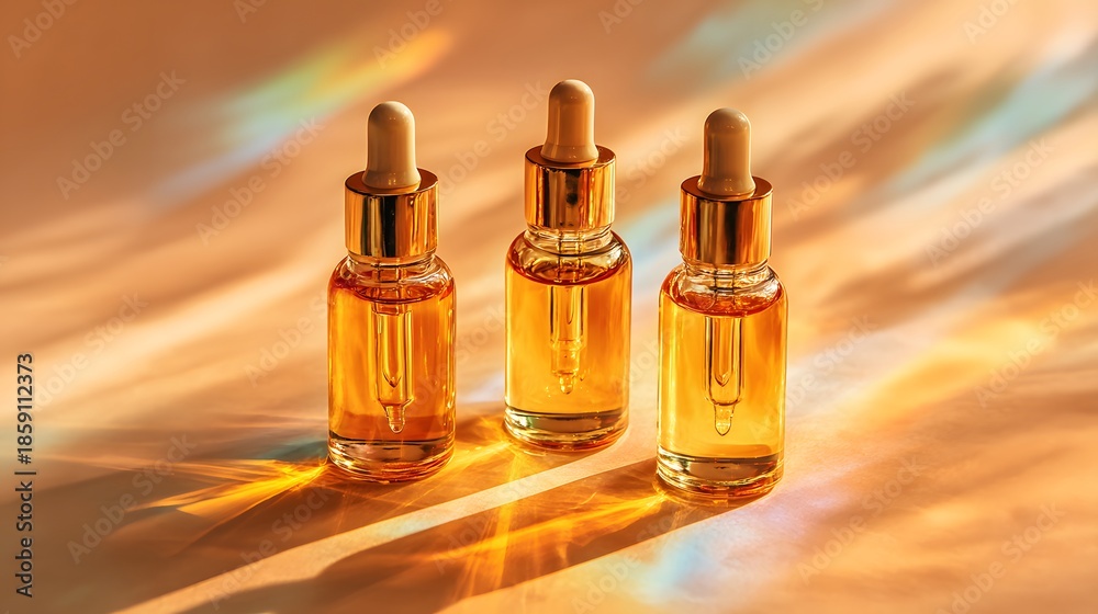 Naklejka premium Three golden serum bottles with droppers, illuminated by sunlight, creating a beautiful aesthetic.