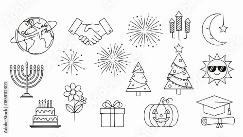 Collection of Hand Drawn Holiday and Celebration Icons.