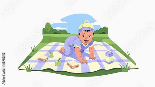 Flat vector illustration of a kid crawling on a picnic blanket with snacks in a park with green grass