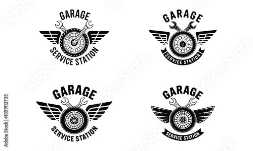 Vintage garage service station logos with wings and wheel emblem for auto repair branding
