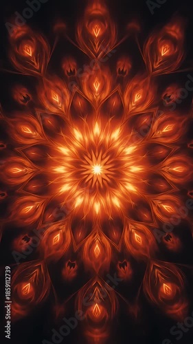 Abstract fiery mandala animation with evolving patterns and mesmerizing symmetry
