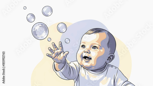 Flat vector illustration of a baby smiling and reaching for bubbles in playful soft tones