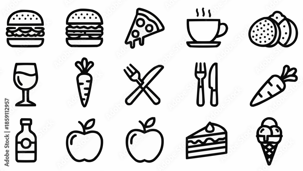 Fototapeta premium Collection of simple food and drink icons in a grid.
