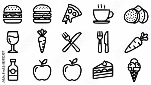 Collection of simple food and drink icons in a grid.