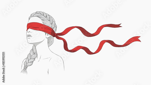 Flat vector illustration of a woman blindfolded with a red ribbon