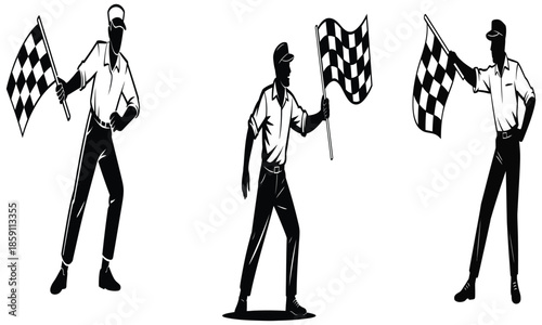 Man waving checkered racing flag illustration symbolizing finish line and motorsport victory
