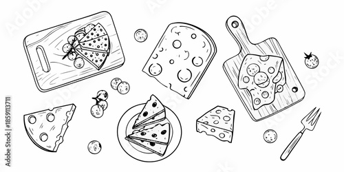 A sketch of various cheeses grapes and a slice of pie on boards
