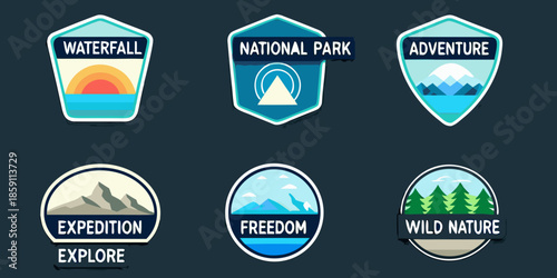 Collection of national park adventure badges with mountain and nature themes