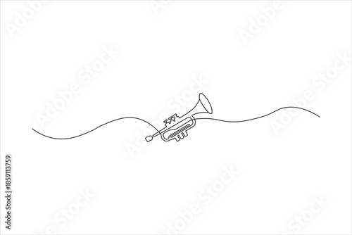 Minimalist continuous one-line drawing of a trumpet icon. Sleek black outline vector of a musical instrument for jazz and orchestra themes.