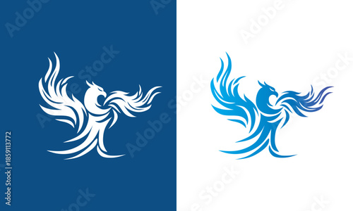 great blue and white phoenix logo, silhouette of great abstract bird vector illustrations