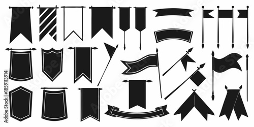 Collection of various black and white decorative flags and banner designs