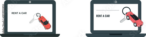Online car rental concept with laptop screen and key icon for digital vehicle booking

