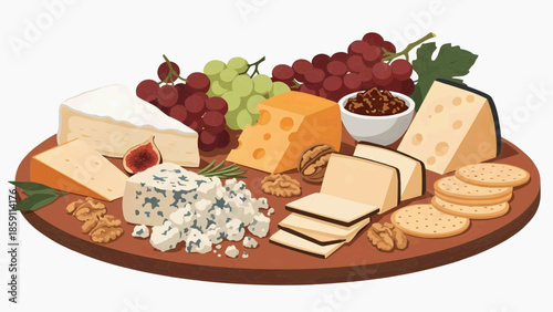 Flat vector illustration of a cheese plate with grapes, nuts and crackers on a wooden board 