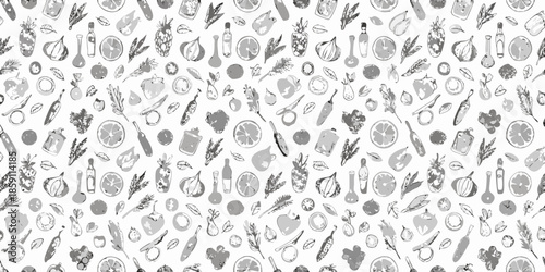 A seamless pattern of sketched culinary elements food herbs and kitchen utensils