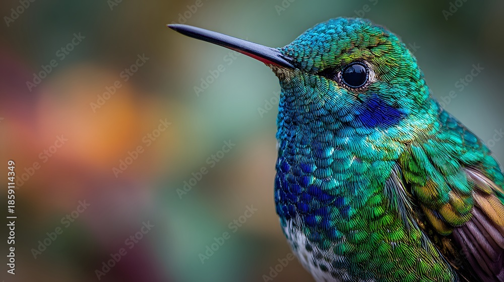 Fototapeta premium Vibrant Emerald Hummingbird Perched, Showcasing Iridescent Plumage and Detailed Features.