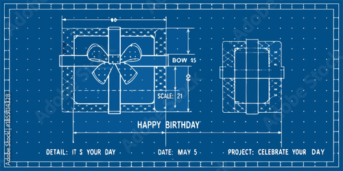 Blueprint illustration of a gift with a bow celebrating a birthday