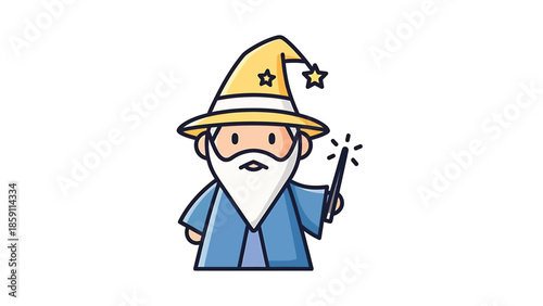 Cartoon wizard with a long white beard and a magic wand casting a spell.