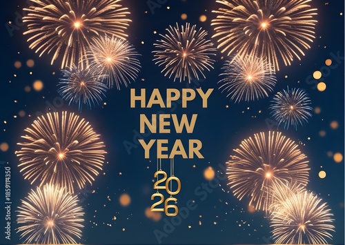 Elegant Happy New Year 2026 Greeting Card with Golden Fireworks on Night Sky Background. Ai Generated