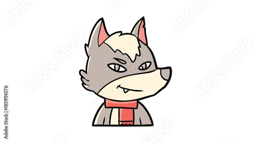 Cartoon wolf character with a red scarf looking at the viewer with a stern expression.