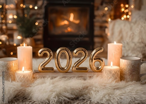 Cozy New Year 2026 Celebration with Golden Numbers and Candlelight Warm Fireplace Background. Ai Generated