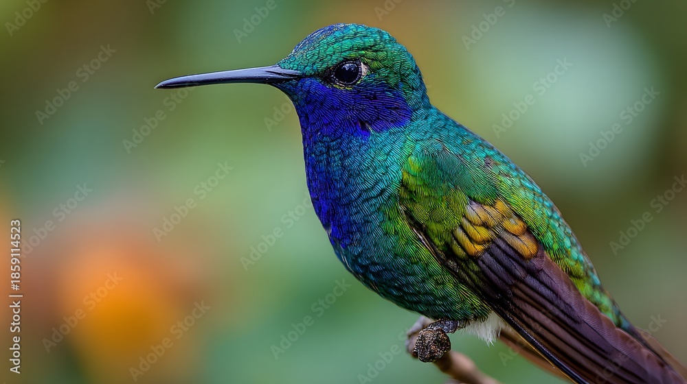 Naklejka premium Vibrant Hummingbird Perched on a Branch - A Stunning Display of Natures Beauty and Colorful Plumage.