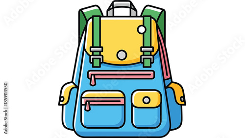 Colorful school backpack with multiple pockets and straps for carrying books and supplies.