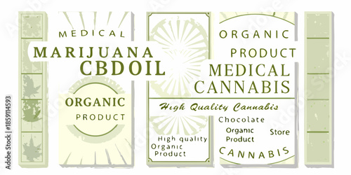 Illustrative labels promoting medical marijuana cbd oil and organic cannabis products