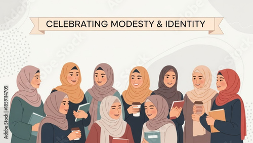 Diverse group of Muslim women in hijab celebrating modesty and identity vector illustration for cultural awareness and community themes