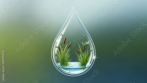 Water drop with miniature ecosystem of reeds and dragonfly representing nature conservation and environmental purity