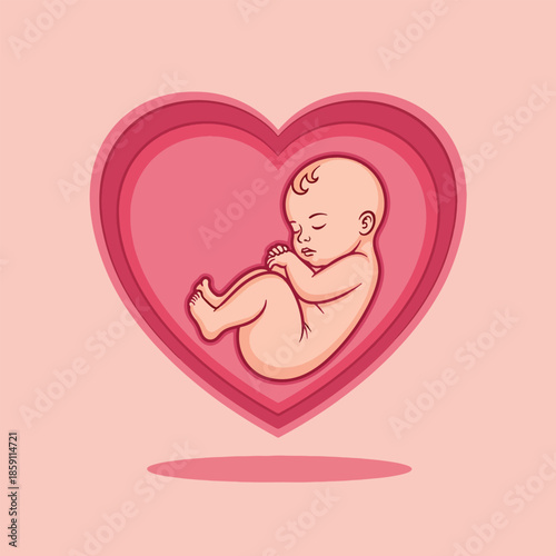 Adorable baby fetus curled peacefully inside a loving pink heart illustration.