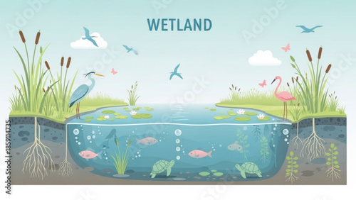 Cross-section of a vibrant wetland ecosystem showing aquatic life plants and animals in a natural habitat ideal for educational or environ