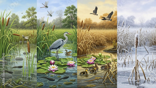 Four seasons nature landscape pond ecosystem with wildlife and plants representing spring summer autumn and winter