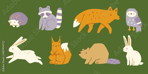 Wild animals doodle set. Cartoon forest animals collection.