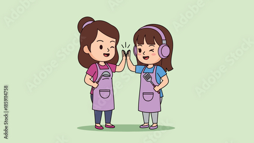 Adorable cartoon girls in aprons highfiving celebrating teamwork and friendship with a cheerful smile.