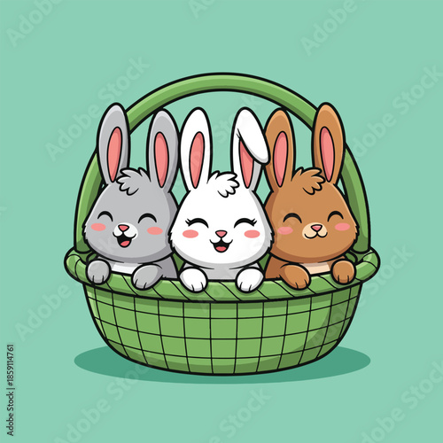 Adorable cartoon Easter bunnies grey white and brown happily sitting in a green woven basket.